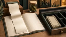 A blank checkout receipt rests on an accounting ledger beside a separate cash drawer and a cannabis flower jar.