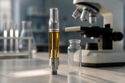 Editorial illustration of an amber-filled vape cartridge beside a laboratory vial and microscope.