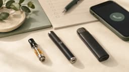 Intact cannabis cartridge, reusable pen battery, and sealed disposable beside a phone and disposal checklist.