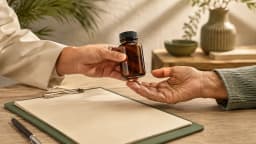 A cream-sleeved hand offers an amber bottle to an older adult above a blank clipboard.