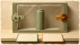 A beverage can behind a transparent barrier with two separate latches and two blank cards, a metaphor for two required approvals.
