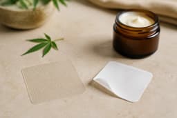 An unbranded adhesive patch and release liner beside an amber jar of balm.