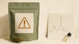 A generic caution triangle marks a cannabis pouch beside a separate schematic laboratory trace and sample vial.