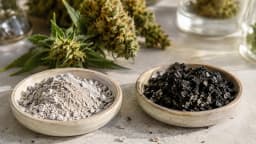 Illustration of pale plant ash and dark char in separate ceramic dishes beside cannabis flower