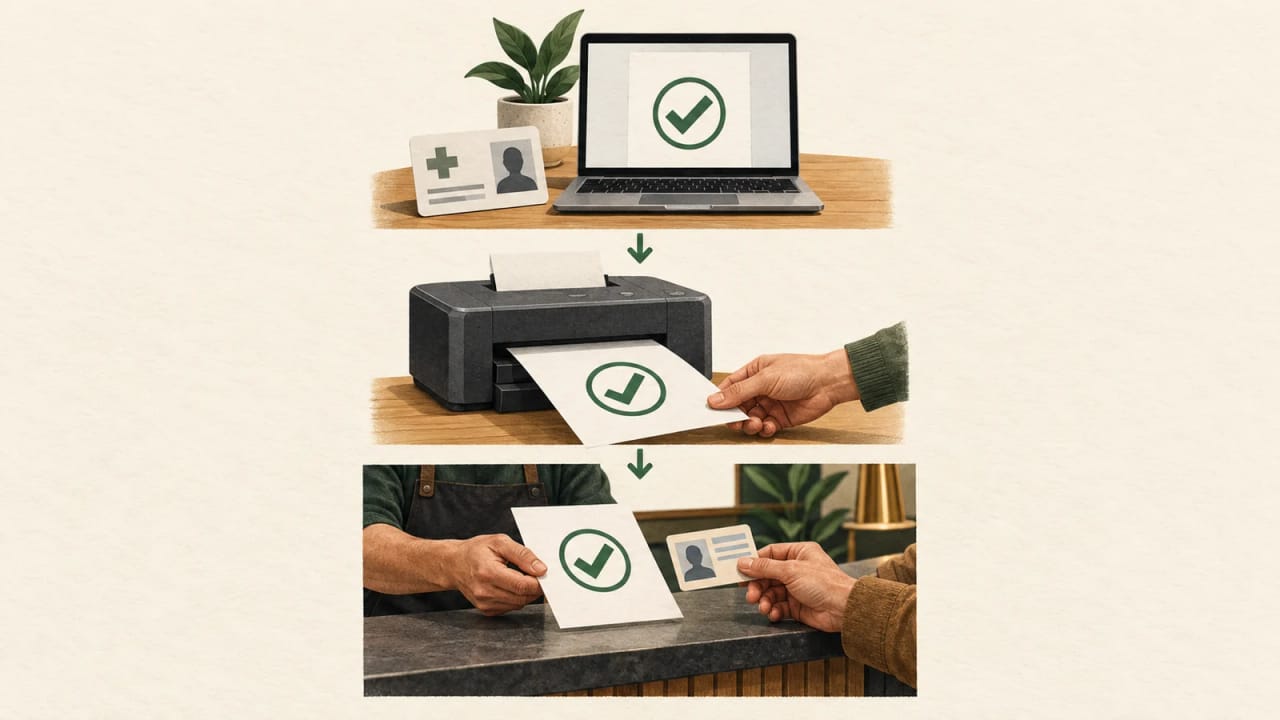 Three illustrated stages show online approval, printing the approved document and a separate identity check at a shop.