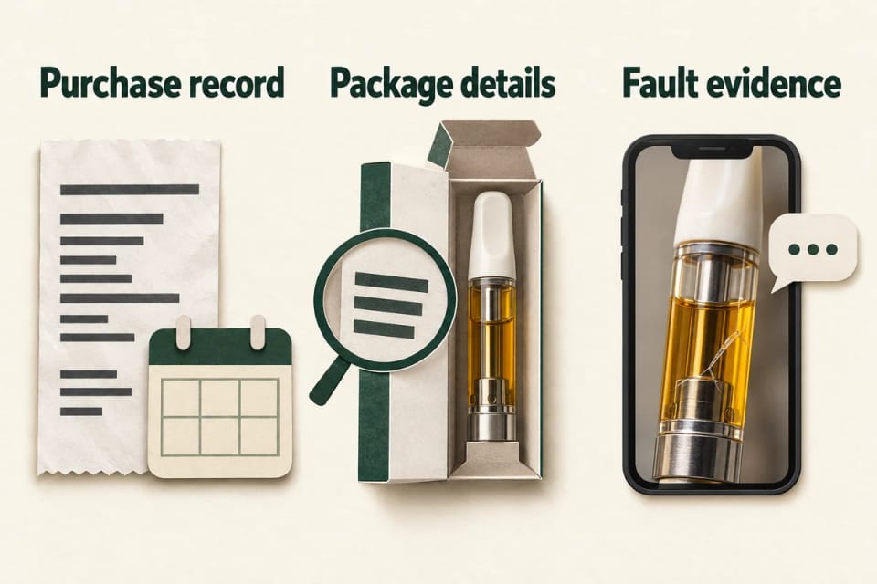 Three evidence groups labeled Purchase record, Package details, and Fault evidence, showing a receipt, cartridge packaging, and a phone photograph.