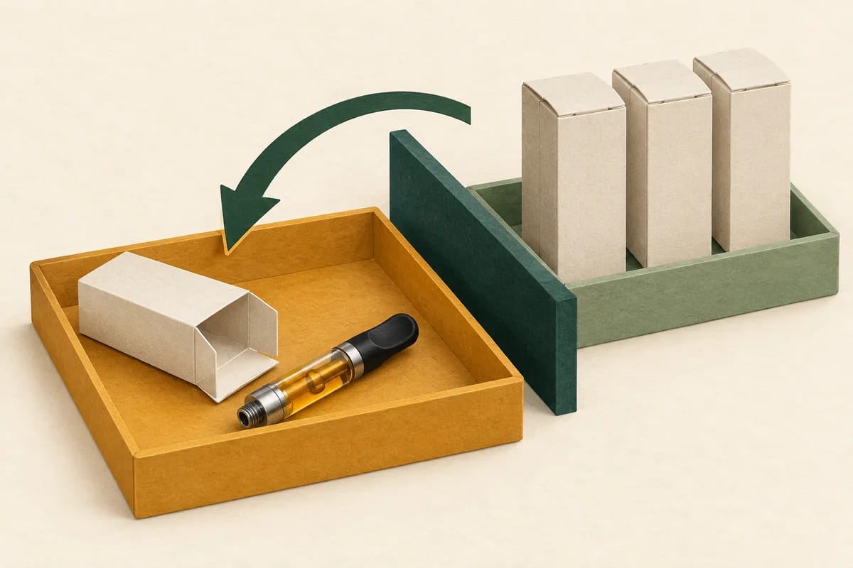 A returned vape cartridge in a separate amber tray, apart from unopened cartons in a green inventory tray.