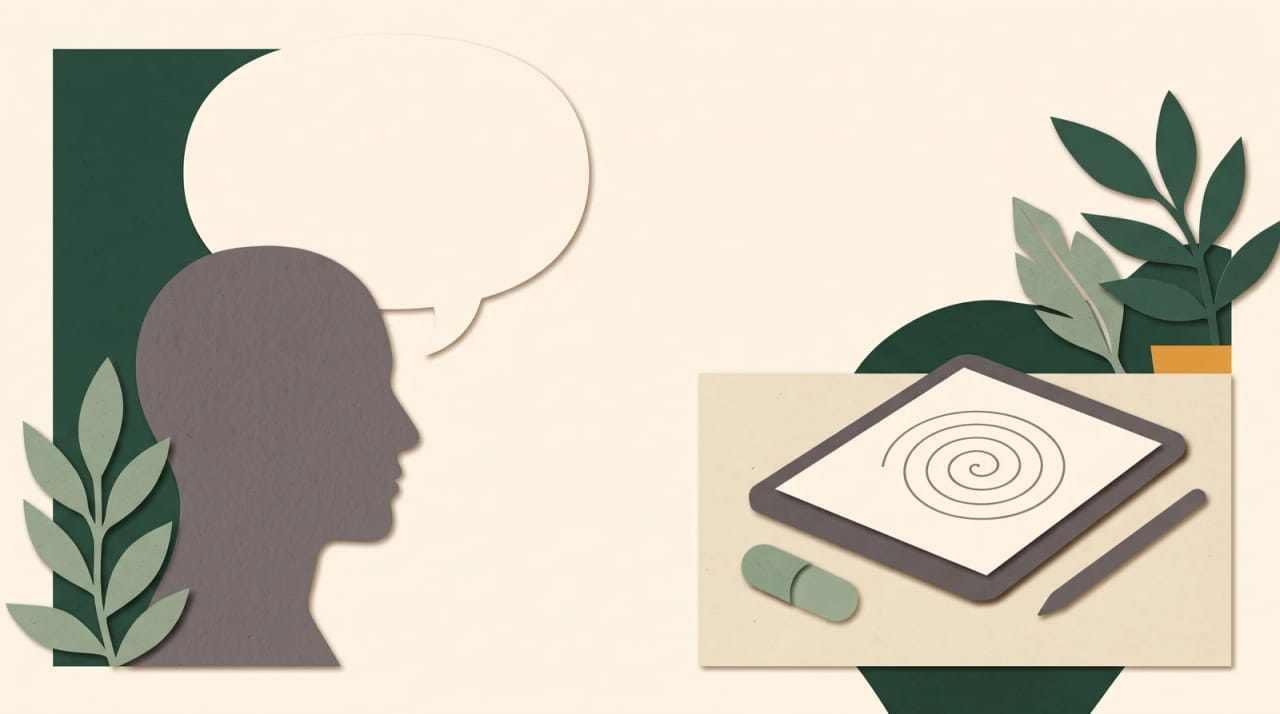 A blank speech bubble and adult profile sit apart from a tablet showing a reference spiral, a stylus, and an unbranded capsule.