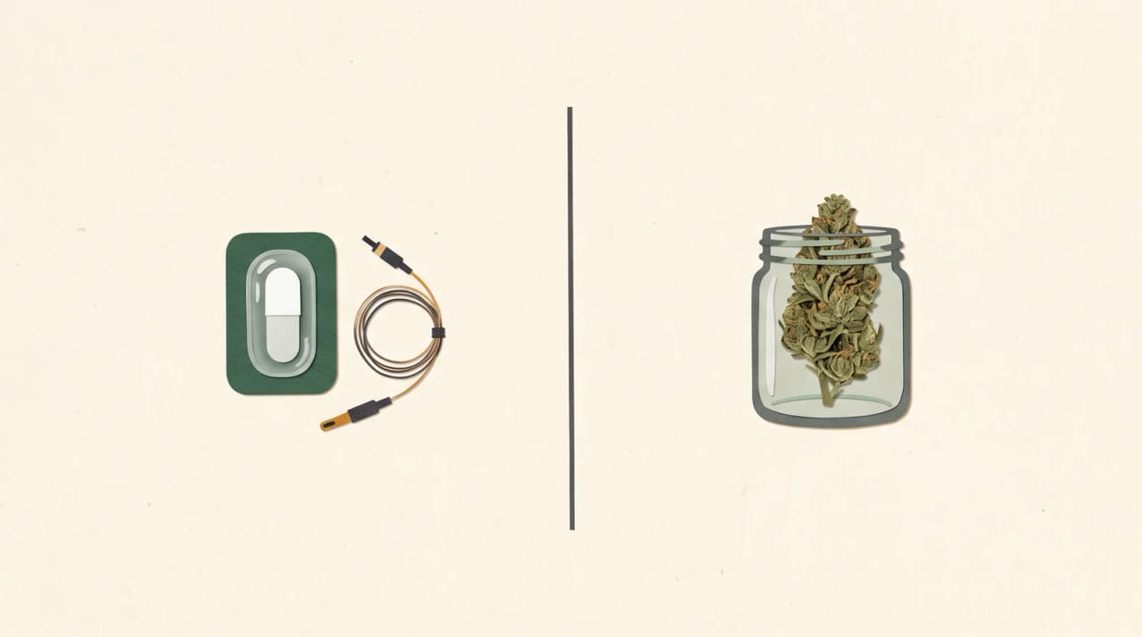A white capsule in a blister and a coiled sensor cable sit across a divider from a jar of cannabis flower.