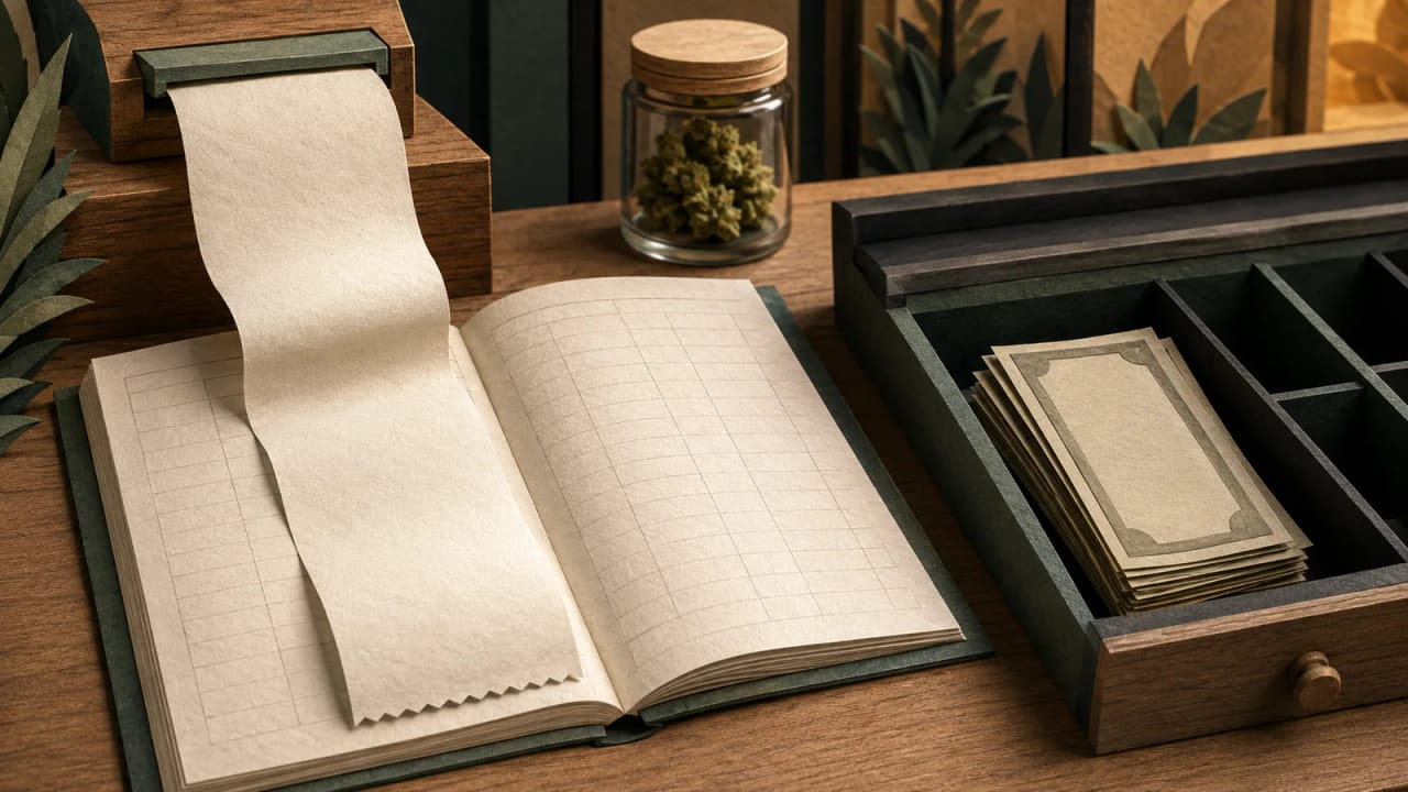 A blank checkout receipt rests on an accounting ledger beside a separate cash drawer and a cannabis flower jar.