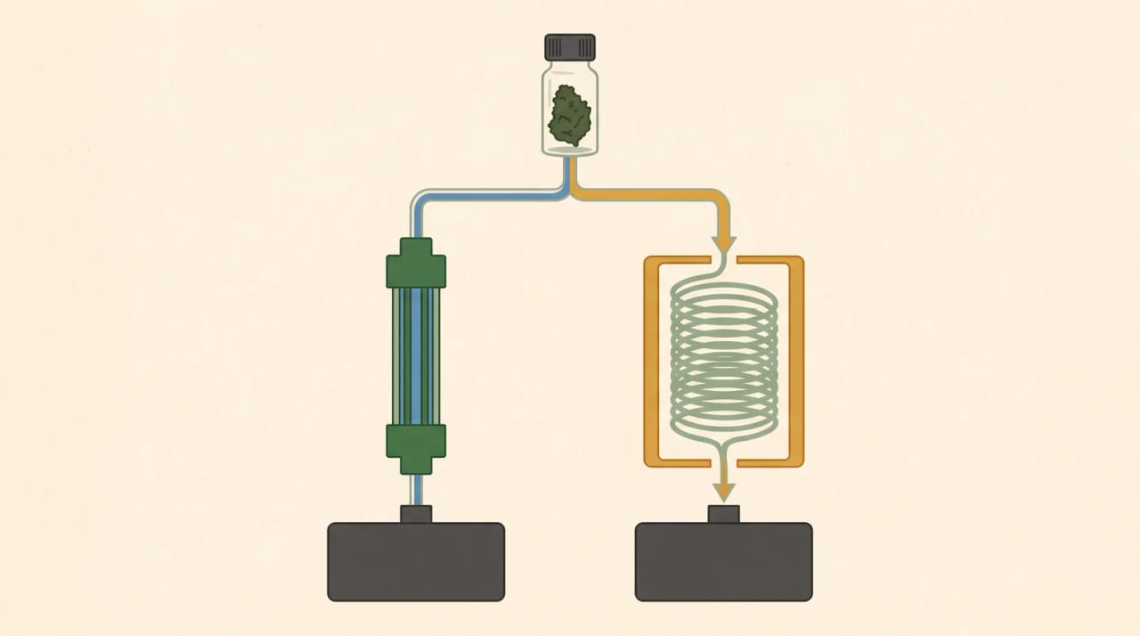 A sample vial splits into a liquid column and a heated gas column with equal detectors