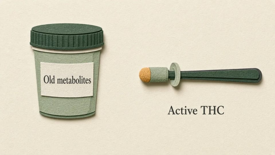 A sealed specimen cup labeled Old metabolites beside an oral-fluid swab labeled Active THC
