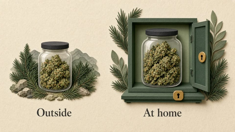 A small jar labeled Outside beside a larger jar in a locked cabinet labeled At home