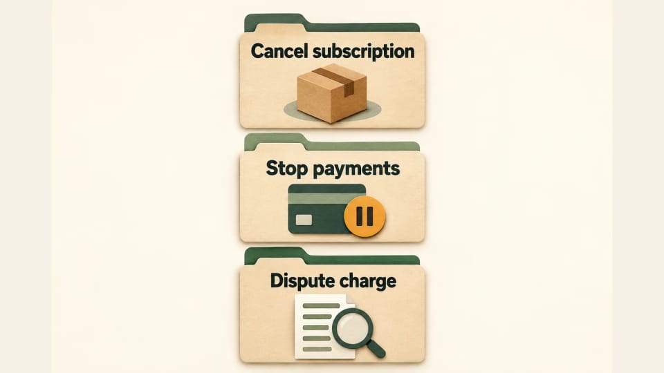 Three separate folders are labelled Cancel subscription, Stop payments and Dispute charge.