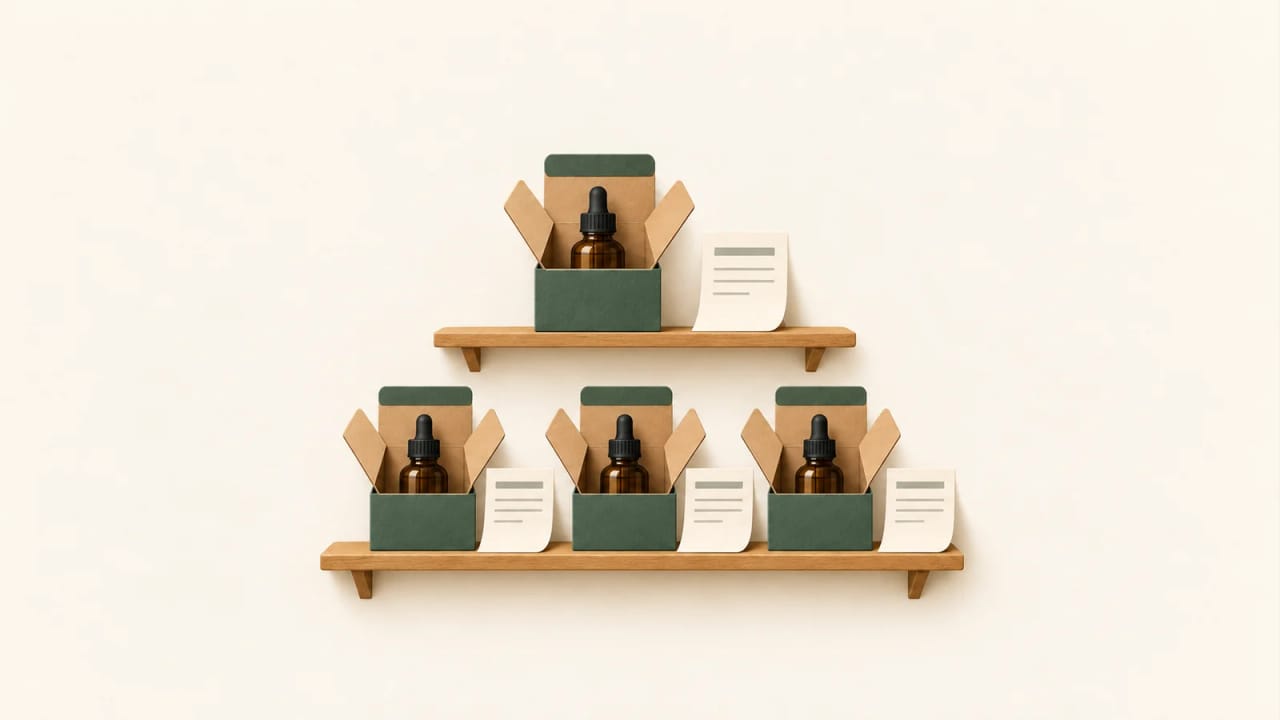 One small delivery box is compared with a repeating row of matching boxes and separate payment records.
