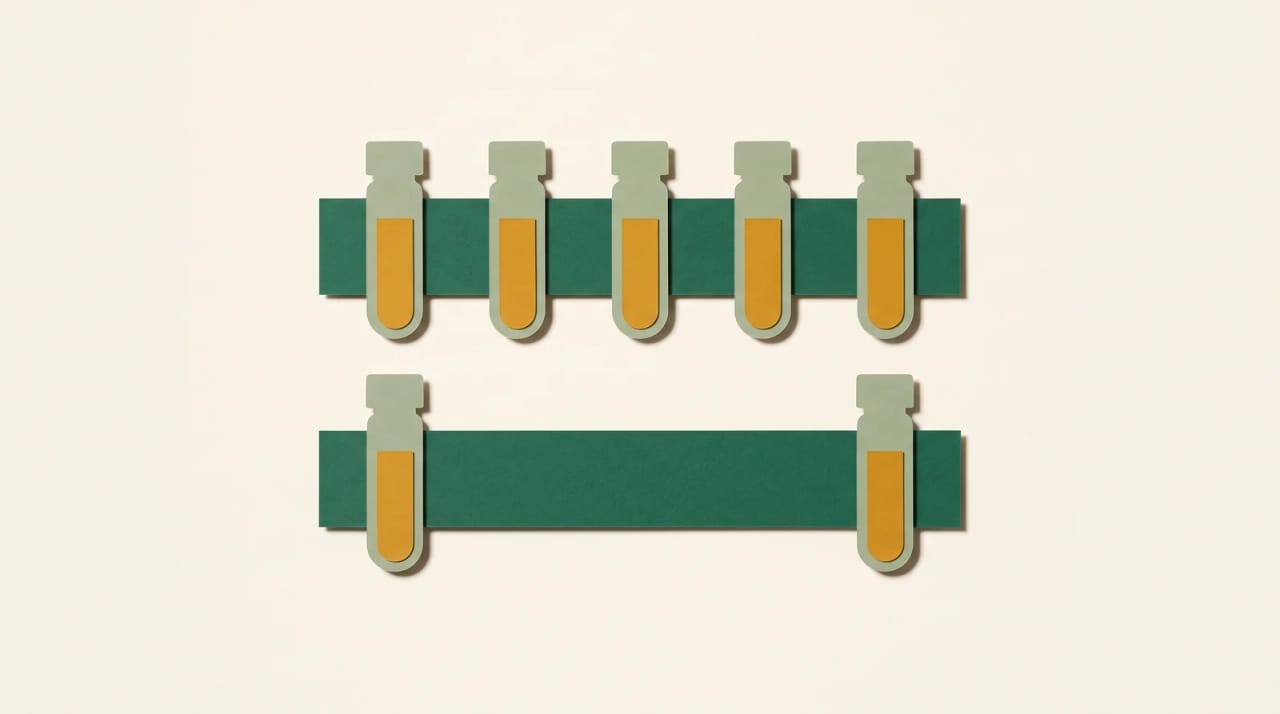 Two centered green strips with schematic sample vials: repeated checkpoints above and a vial at each endpoint below.