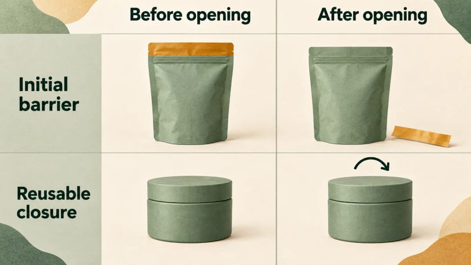 A two-row comparison shows an initial pouch barrier before and after opening, and a reusable jar closure before and after reclosing.