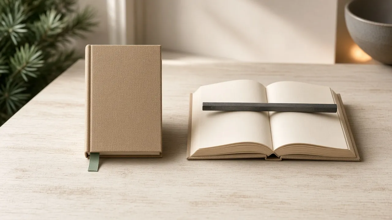 A closed tan book stands beside an open book with a dark bar across blank pages, one finished order next to a hearing that has stopped mid-way.