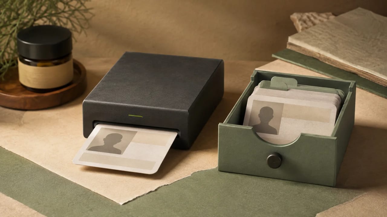 A blank portrait ID enters a countertop scanner beside a separate filing drawer containing similar cards.