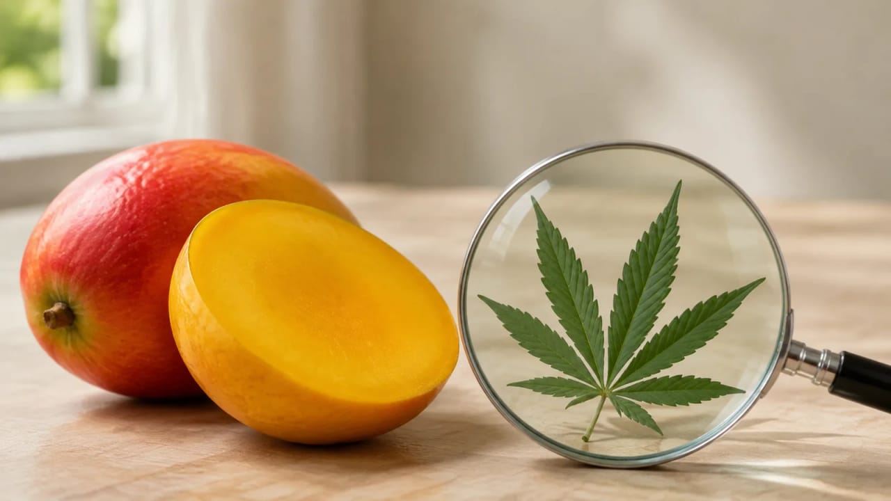 A sliced mango beside a cannabis leaf under a magnifying glass, illustrating a closer look at the mango myth