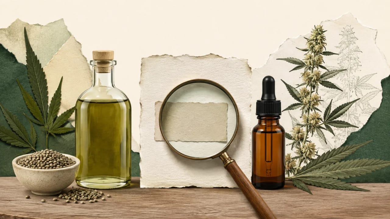 Hemp seeds and culinary oil beside an amber dropper bottle, with a magnifying glass suggesting careful label reading.