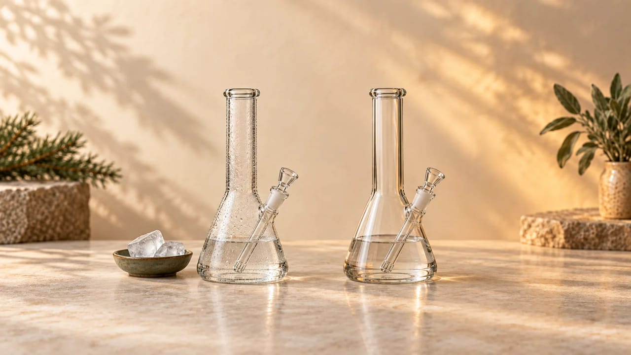 Two matching glass bongs: condensation and ice beside the cold-water example, dry glass beside the warmer example.