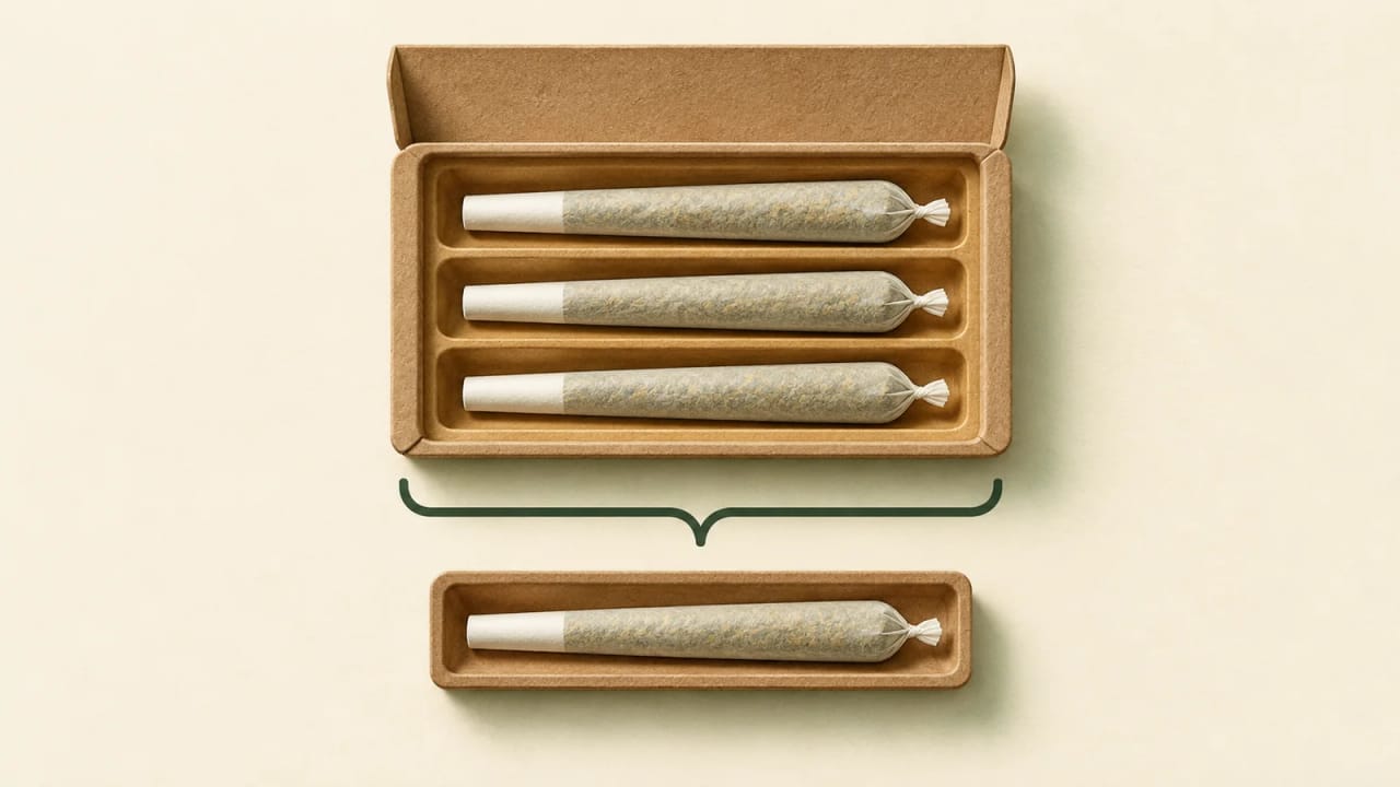 A tray containing three equal pre-rolls compared with a separate tray containing one pre-roll of the same size.