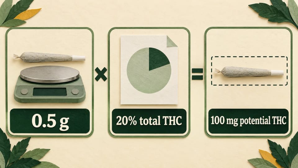 A worked example multiplies 0.5 g by 20% total THC to show 100 mg potential THC.