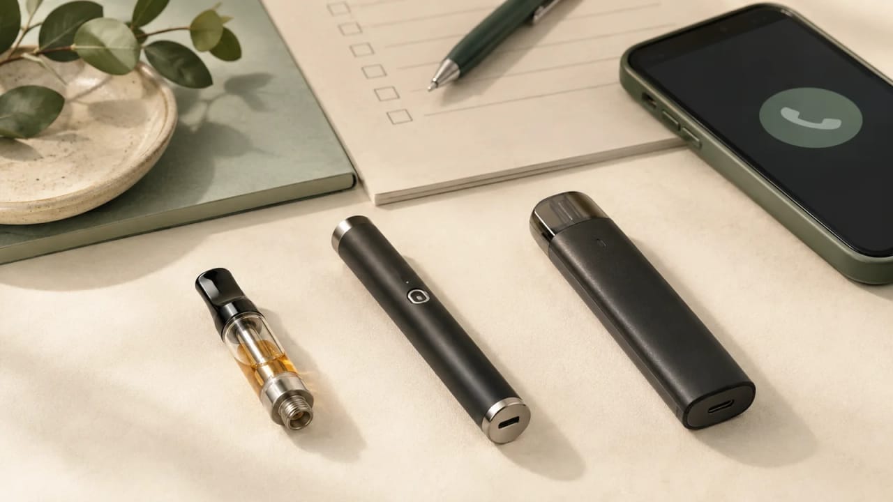 Intact cannabis cartridge, reusable pen battery, and sealed disposable beside a phone and disposal checklist.