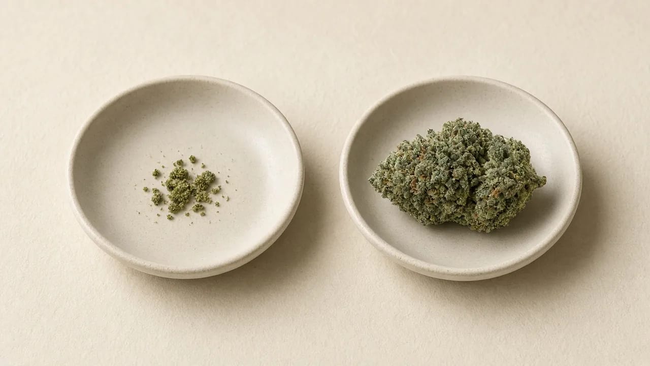Two identical ceramic dishes on stone. The left dish holds a sparse pinch of dried cannabis flower. The right dish holds one dense bud.