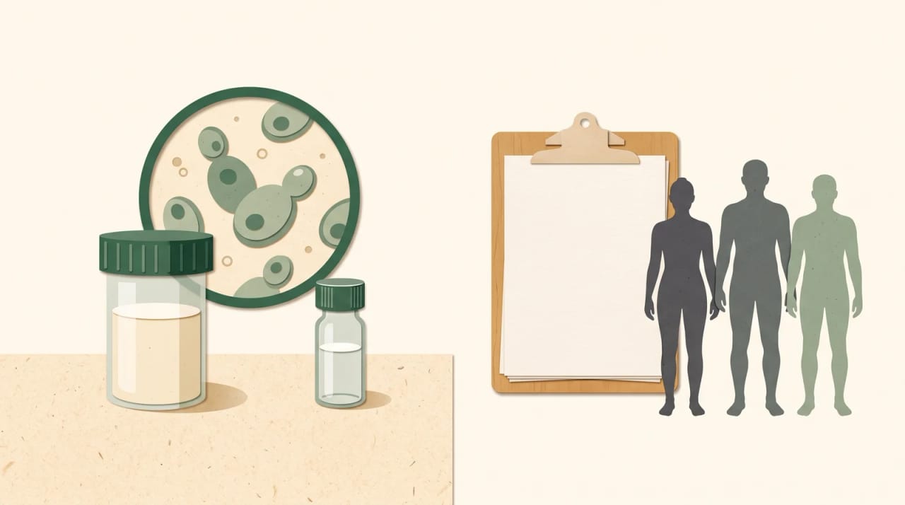 A yeast culture and sample vial stand apart from three adult silhouettes and a blank clipboard.