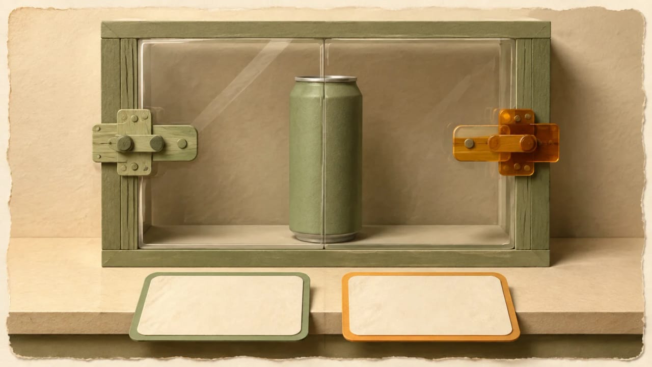A beverage can behind a transparent barrier with two separate latches and two blank cards, a metaphor for two required approvals.