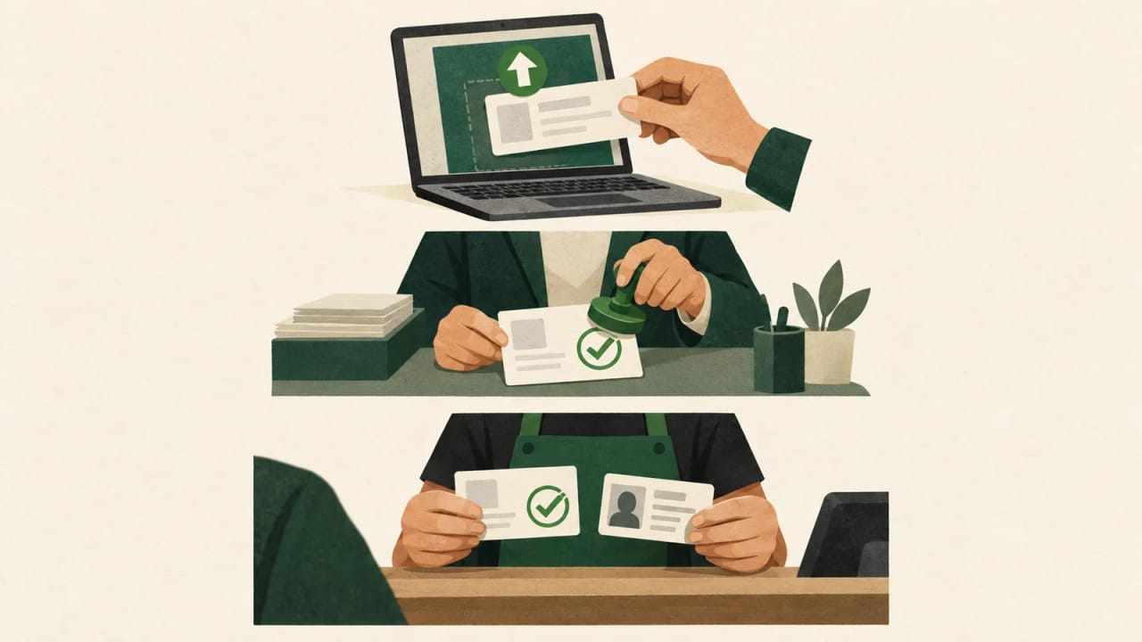 Three stacked illustrated scenes show a medical credential upload, a separate document approval and a shop identity check.