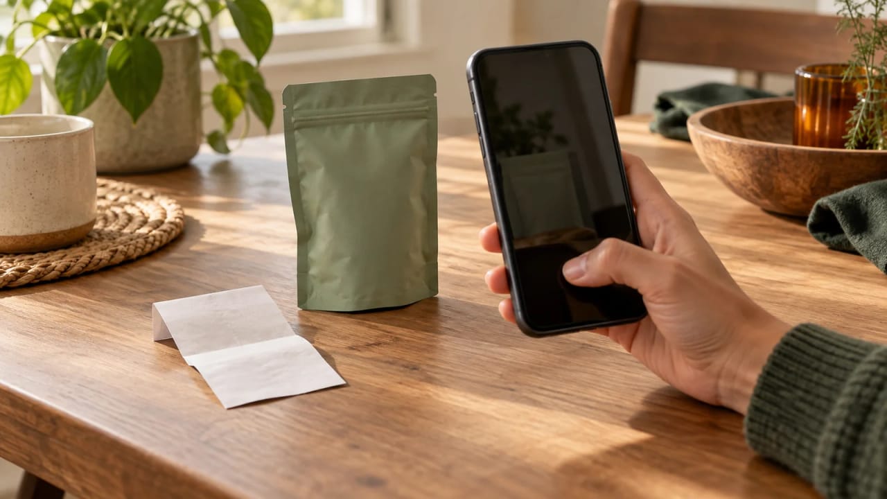 A hand holds a phone beside a sealed plain pouch and a blank receipt, illustrating how to preserve product details.