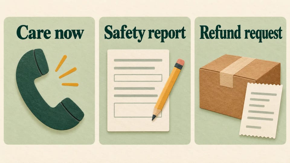 Three separate panels show Care now with a phone, Safety report with a form, and Refund request with a package and receipt.