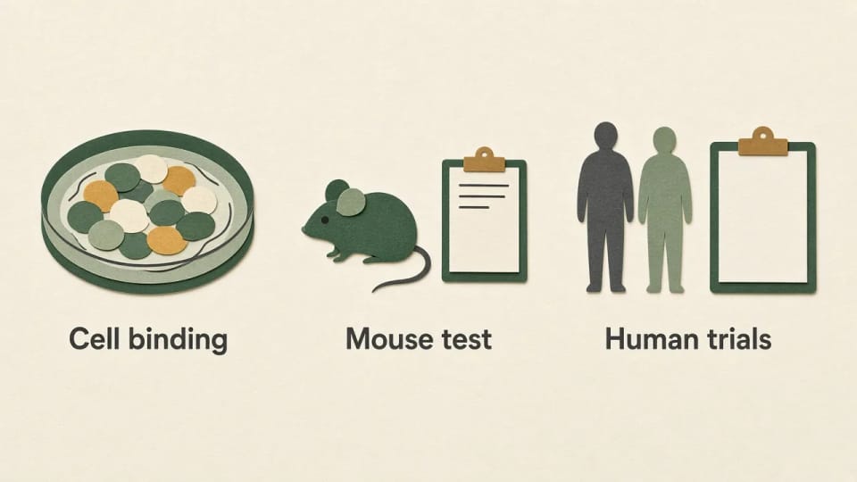 Cut-paper evidence map with three separate groups labeled Cell binding, Mouse test, and Human trials. The human clipboard page is blank.