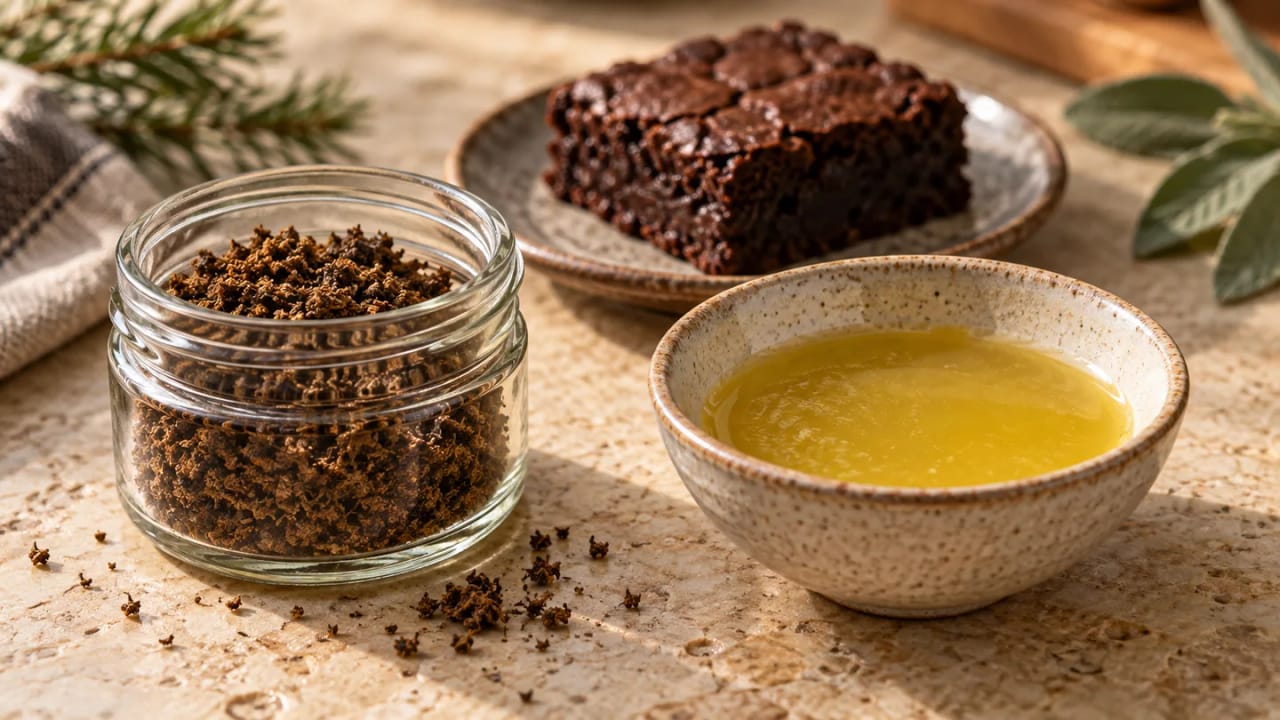 A jar of brown already-vaped herb beside golden infused butter and a chocolate brownie.