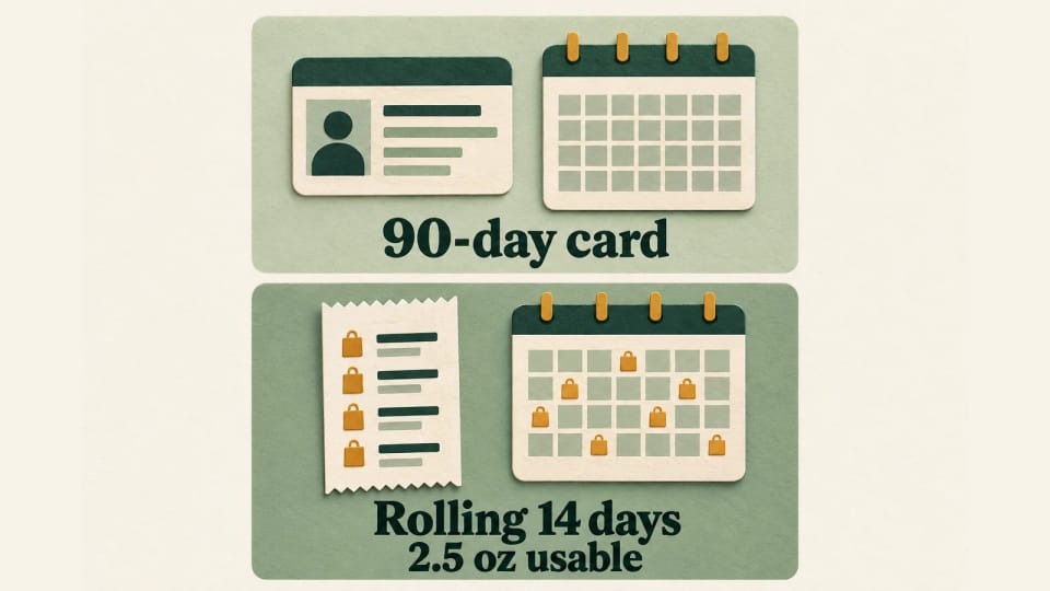Two stacked panels distinguish a 90-day card from rolling 14-day purchases of 2.5 ounces of usable marijuana.