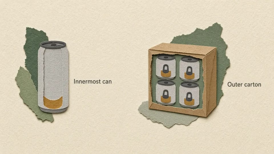 A diagram of one can labeled Innermost can beside a four-can carton labeled Outer carton