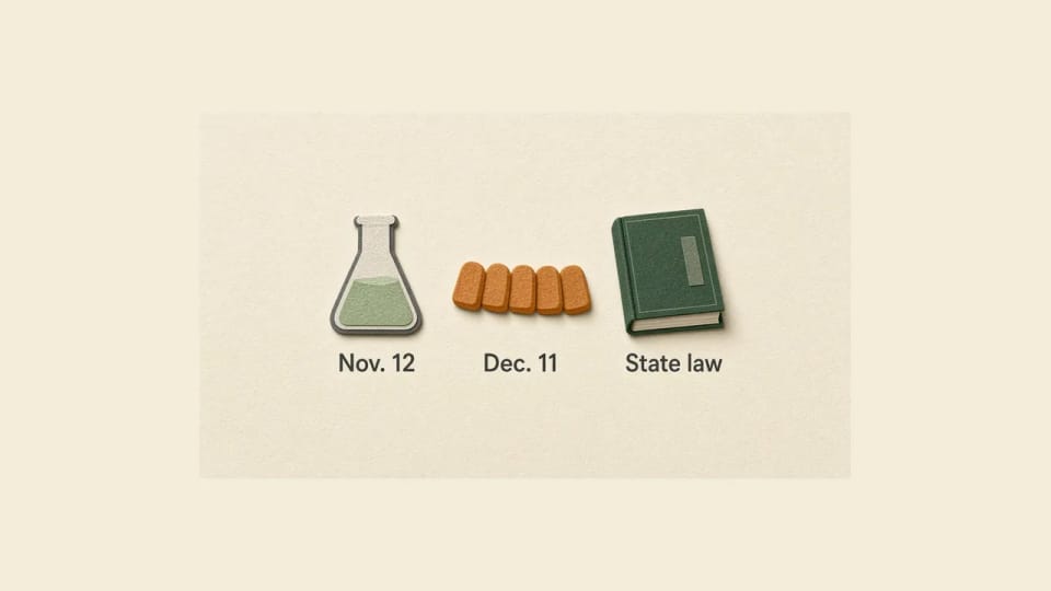A cut-paper flask, a row of gummies, and a closed book, labeled Nov. 12, Dec. 11, and State law.
