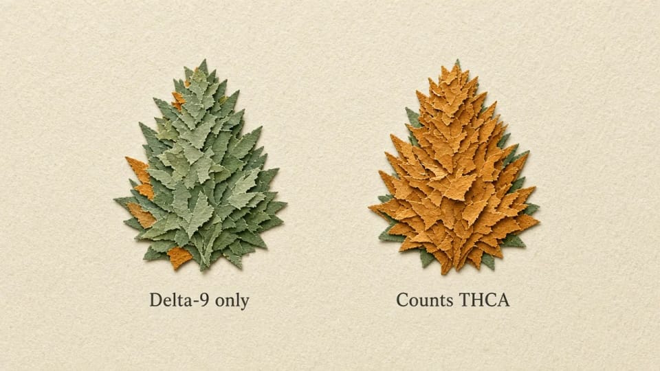 Two jars of similar cannabis flower. The left label reads Delta-9 only. The right label reads Counts THCA.