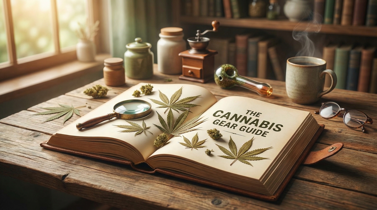 Cannabis Gear Guide: Everything You Need from Beginner to Advanced - open book with cannabis leaves in welcoming, educational, approachable, inviting style