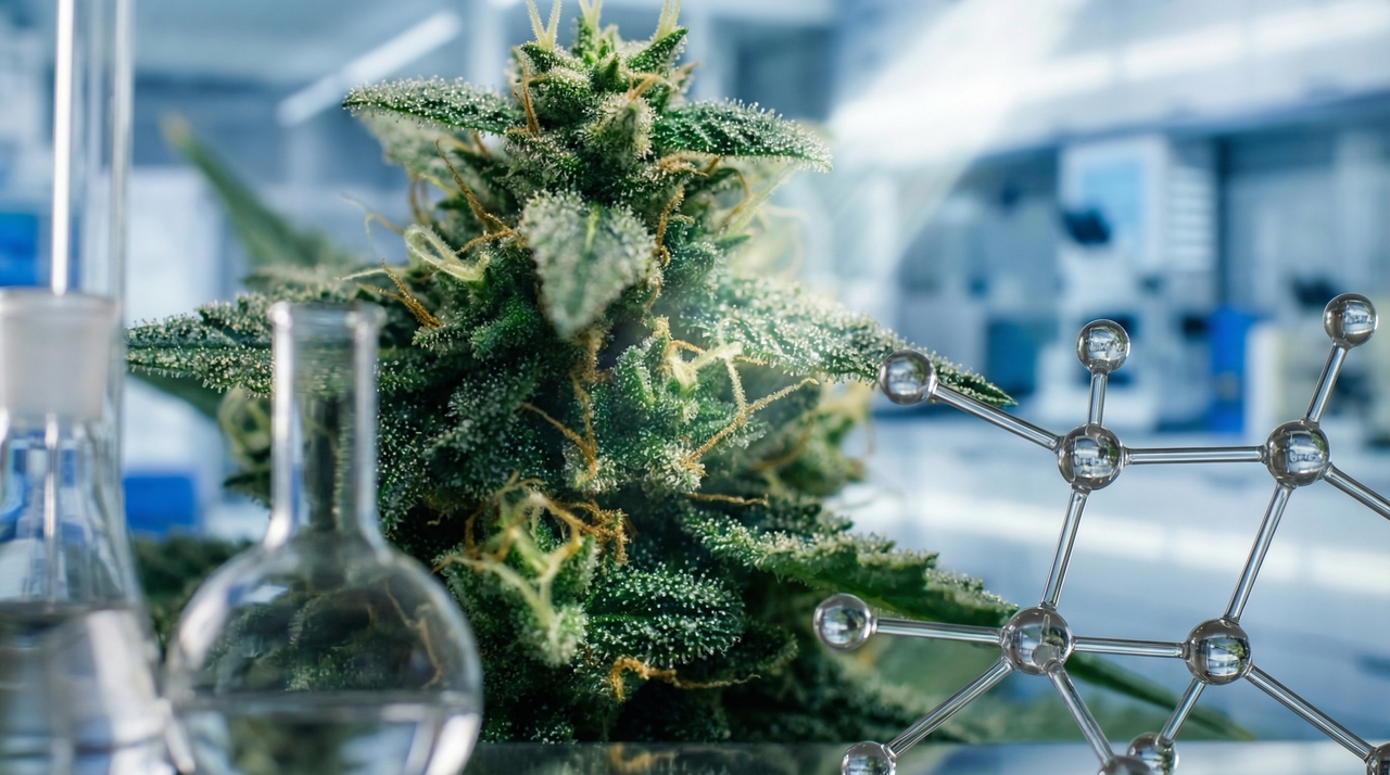 The Complete Science of Cannabis: Terpenes, Cannabinoids & The Entourage Effect (2025 Guide) - laboratory glassware in authoritative yet accessible, modern, professional style