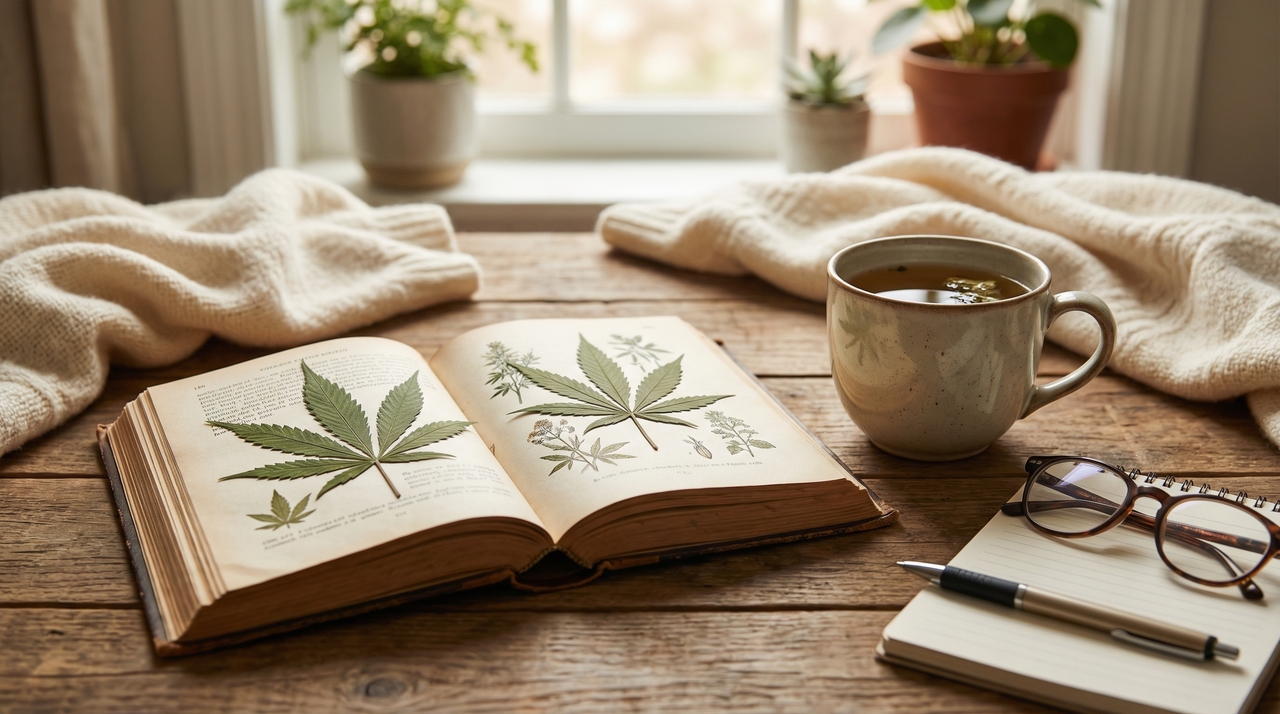 First-Time Cannabis User's Guide: What to Expect and How to Prepare - open book with cannabis leaves in welcoming, educational, approachable, inviting style