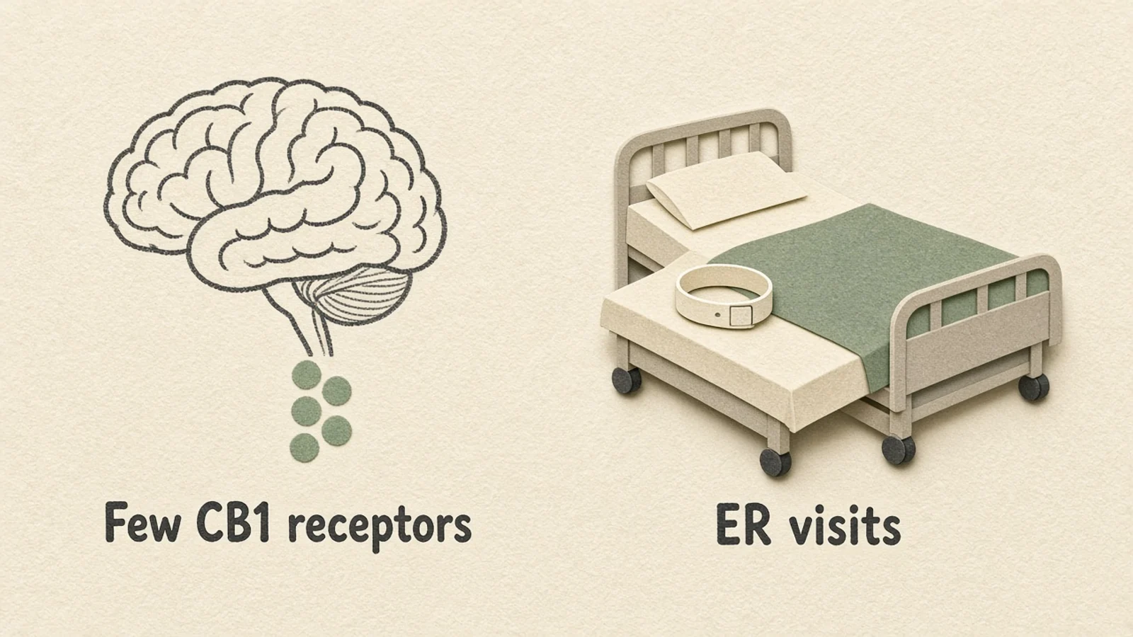 Cut-paper brain with a small sage cluster labeled Few CB1 receptors, beside an empty hospital bed labeled ER visits.