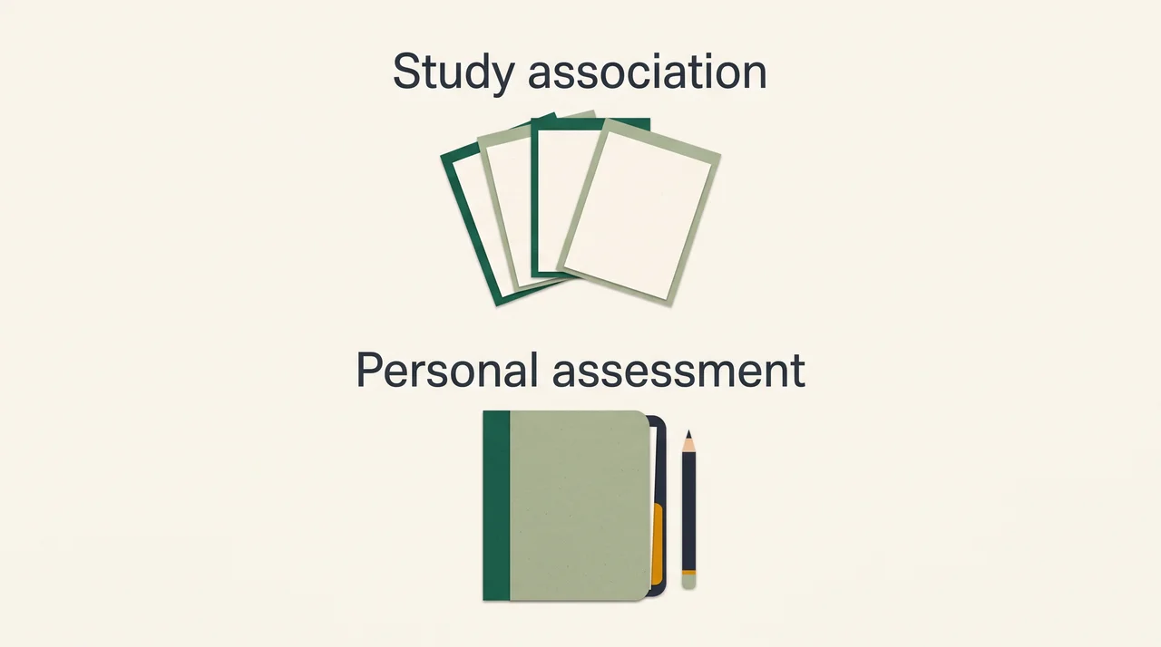 Four blank survey cards above a closed appointment folder and pencil, labeled Study association and Personal assessment.