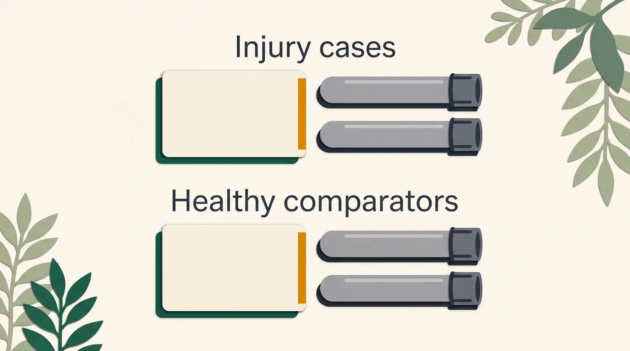 Two blank specimen records with matching closed tubes, labeled Injury cases and Healthy comparators.