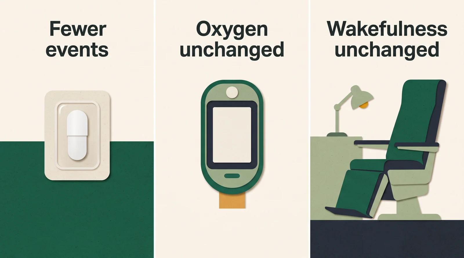 Three panels show a capsule labeled Fewer events, a blank-screen oximeter labeled Oxygen unchanged, and a chair with a lamp labeled Wakefulness unchanged.