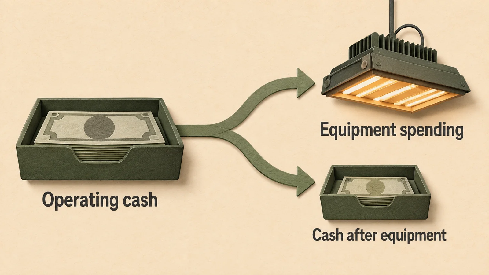 Operating cash branches toward equipment spending and a smaller tray labeled cash after equipment.