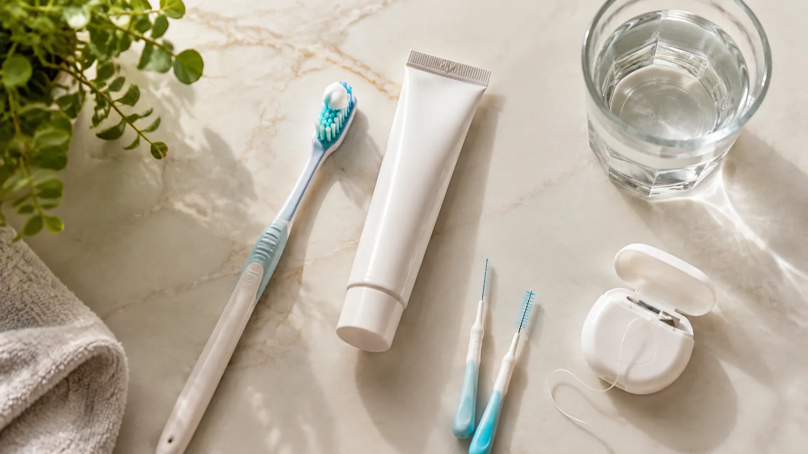 Toothbrush, floss, interdental brushes, toothpaste, and water arranged as everyday oral-care tools.